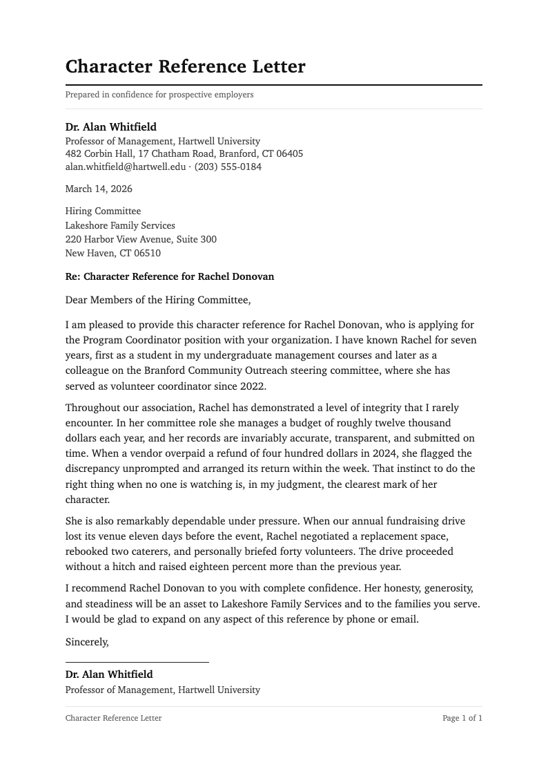 Classic professional character reference letter